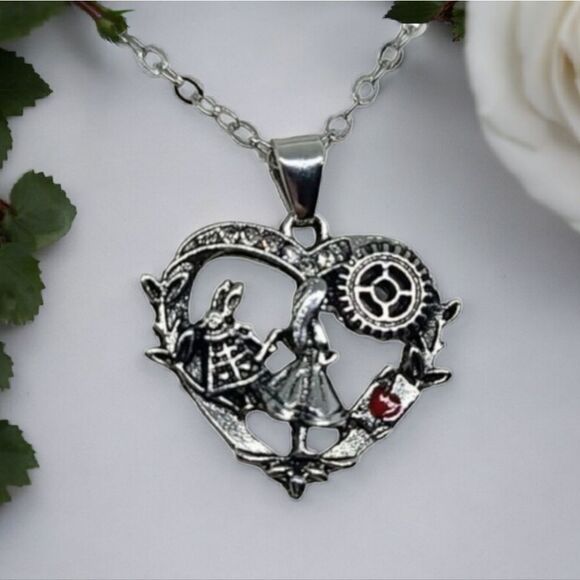 Alice In Wonderland Necklace Heart Shaped Pendant White Rabbit Ace Hearts Card - Picture 3 of 9